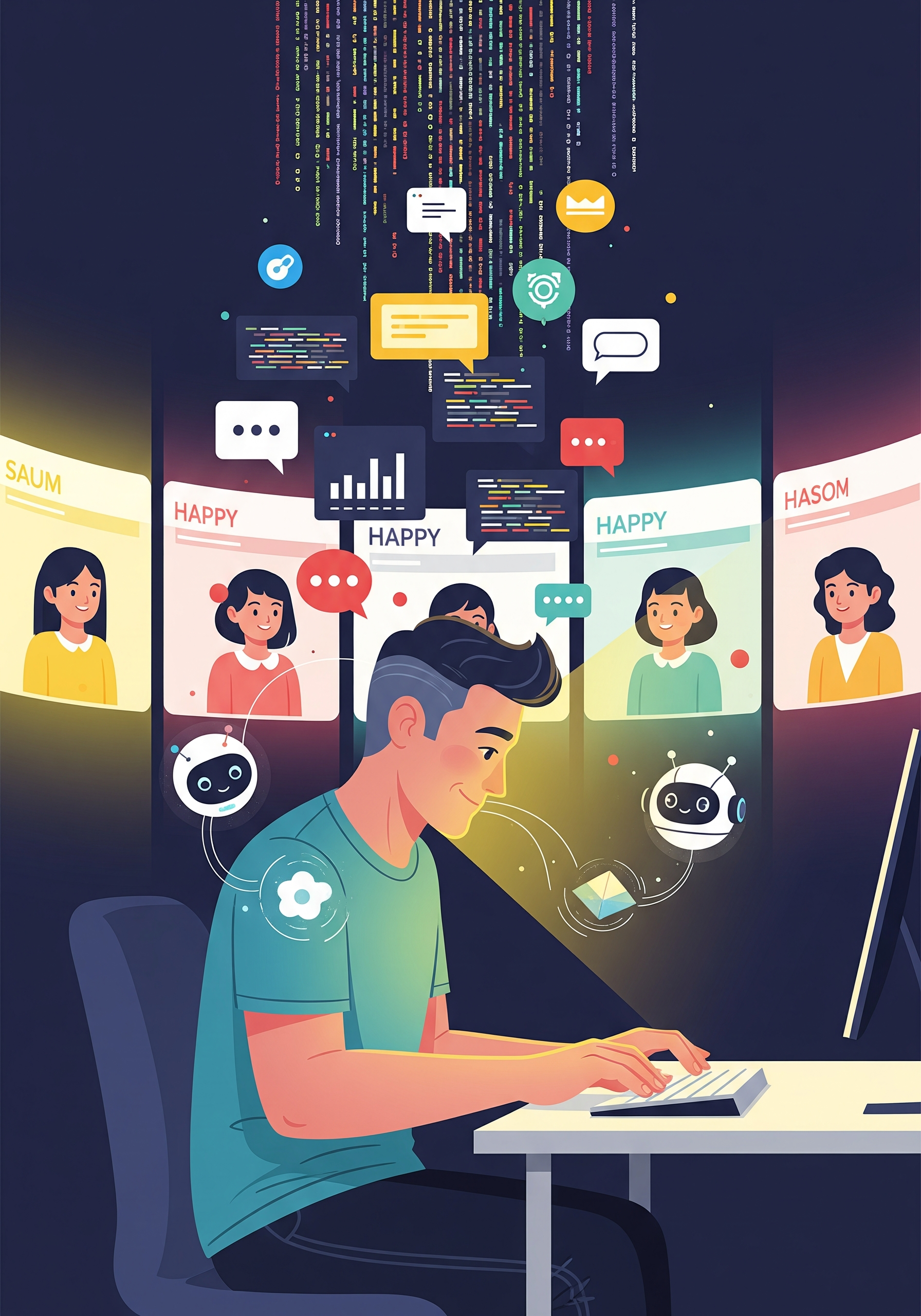 A developer in flow state creating AI-powered products, surrounded by floating UI components and happy users