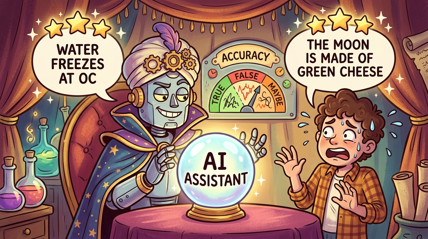 A user trusting an AI that says 'I'm 99% confident!' while the AI is actually completely wrong, with a trapdoor about to open beneath the user