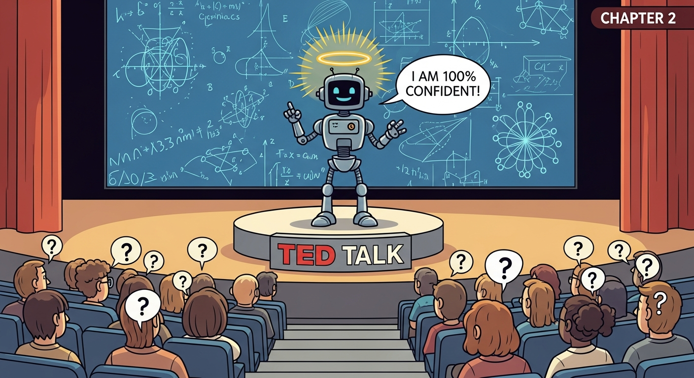 A humorous illustration showing a robot confidently giving a TED talk on quantum physics while the audience looks confused. The robot has a speech bubble saying 'I am 100% confident!' with a halo of overconfidence.