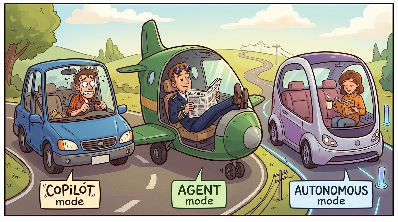 A spectrum from Level 0 (no automation) to Level 5 (full automation), showing how AI assistance scales from human-driven to fully AI-driven