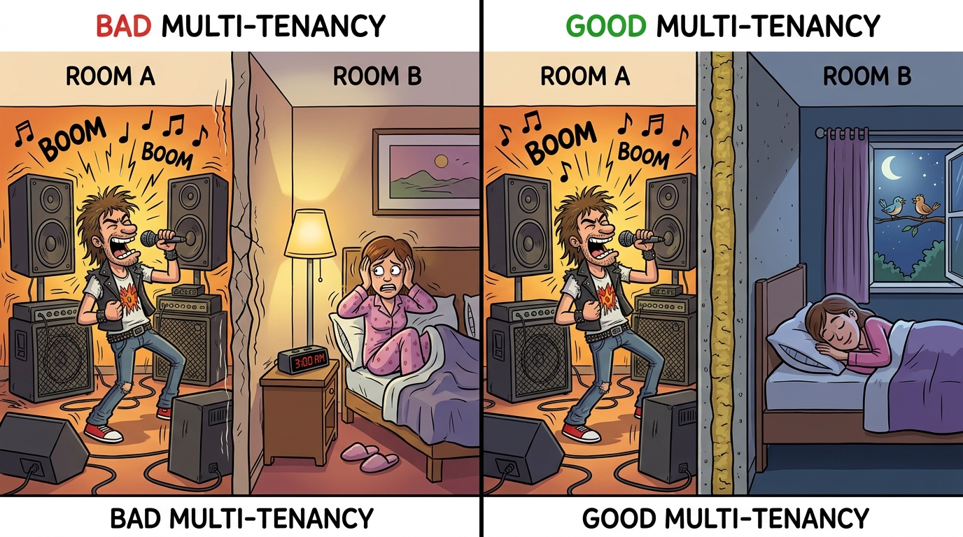 A hotel with different floors for different companies, each with separate keys, separate staff, and no way for one company's guests to access another company's floor