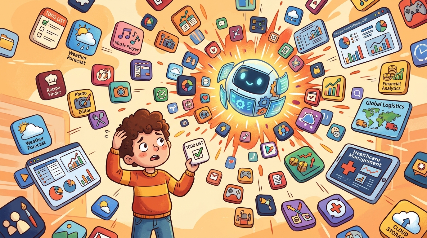 A humorous scene showing a user asking an AI 'Make me an app' and the AI responds by exploding into thousands of different app options flying everywhere, with a confused user trying to catch one