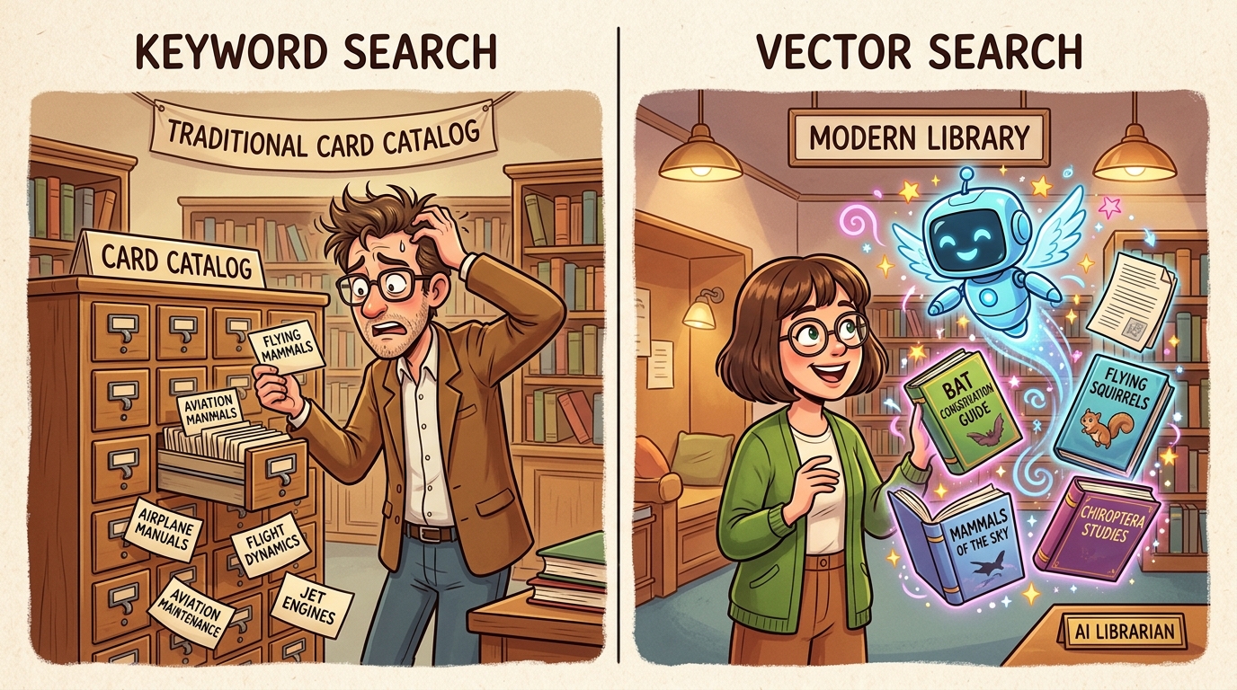 Two panels: left shows a messy library with books everywhere and a person looking overwhelmed (search without retrieval), right shows a helpful librarian holding the exact right book (semantic retrieval)
