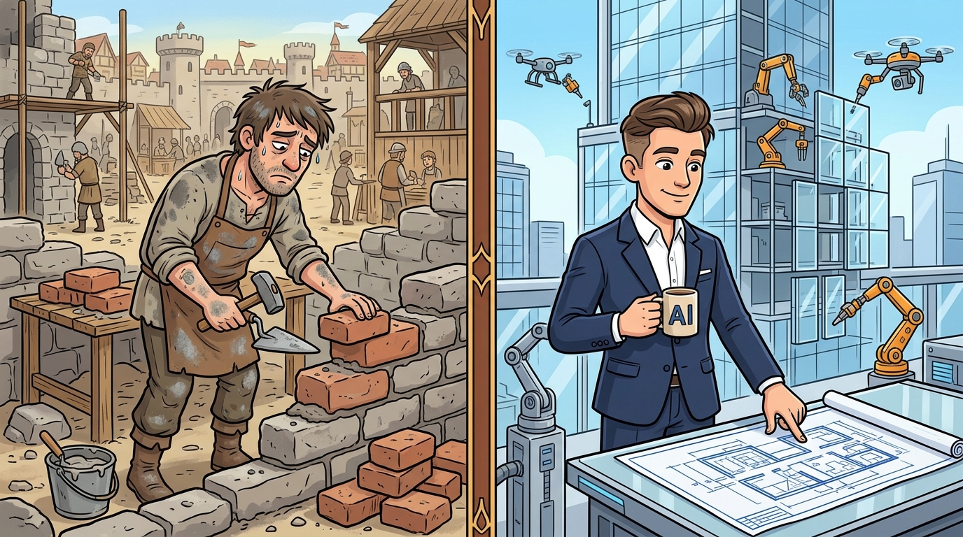 Two panels: left shows a mason (builder) quickly putting up a shaky wall, labeled 'Building without planning'; right shows an architect carefully drawing blueprints, labeled 'Planning before building'