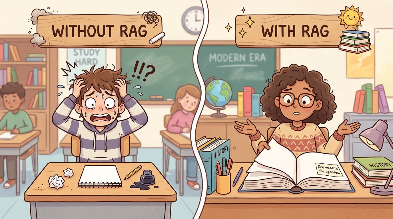 A student sweating nervously looking at an open book exam, with AI watching from the side holding a clipboard and grading papers