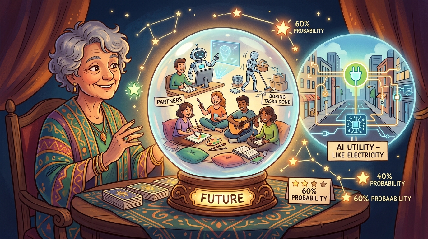 A crystal ball showing different AI future visions - AI as partner, AI as utility, AI as creative collaborator