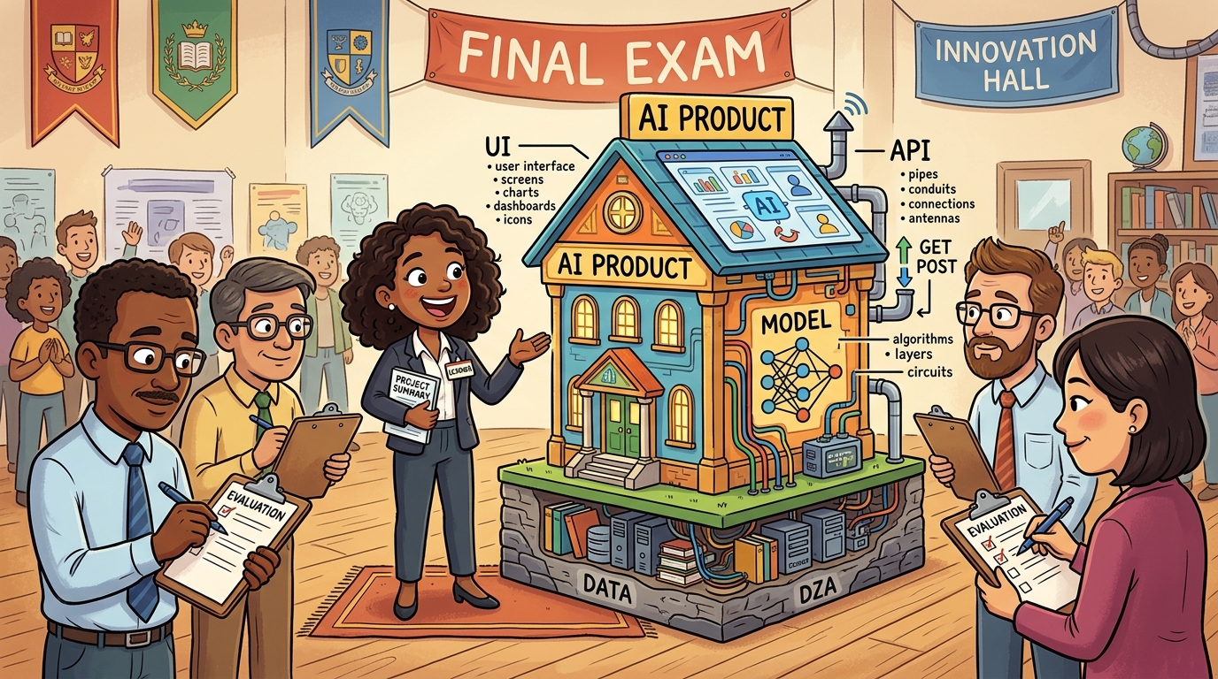 A student presenting a complete AI product building with data foundation, model walls, UI roof