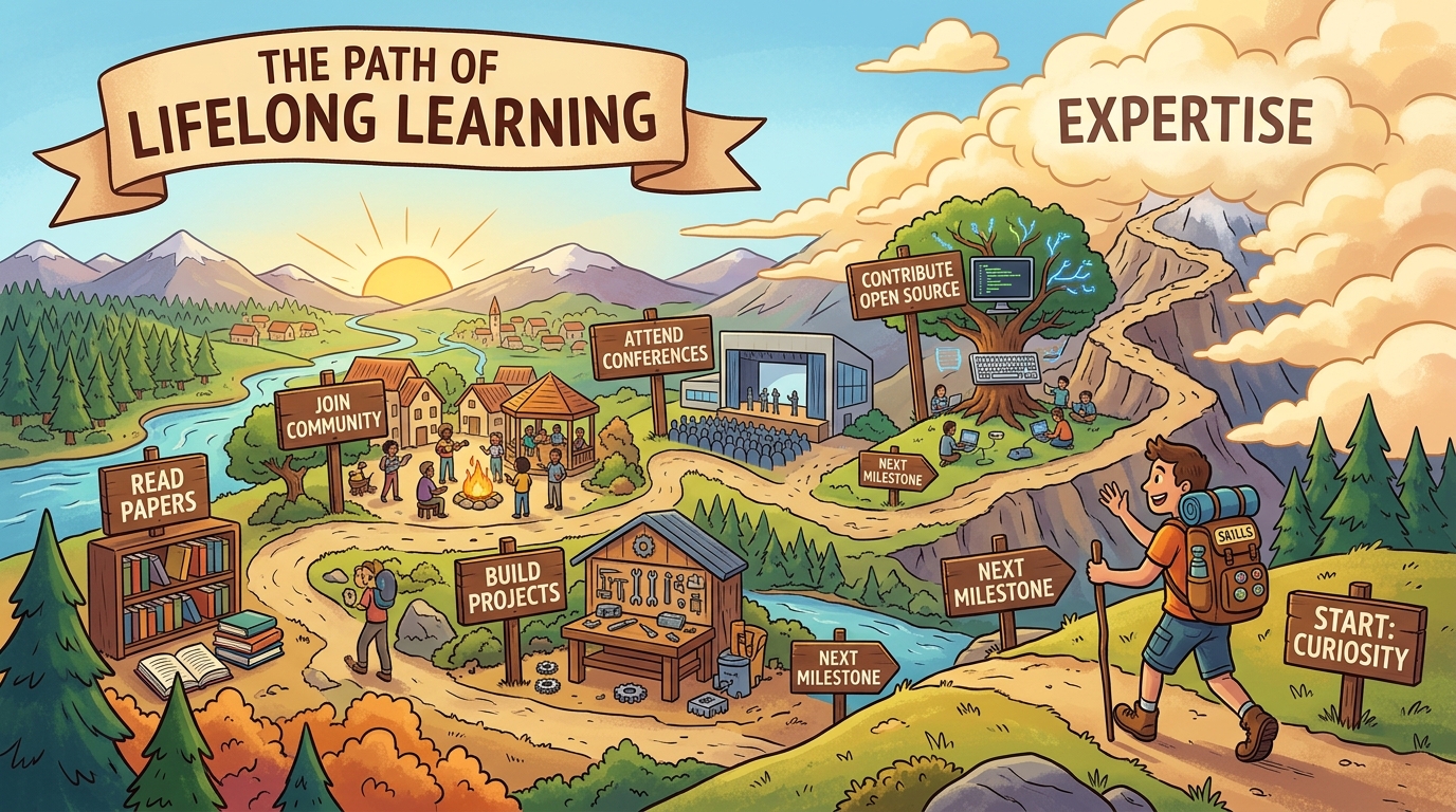 A journey map showing the path of lifelong learning with stops at reading papers, building projects, joining community, attending conferences