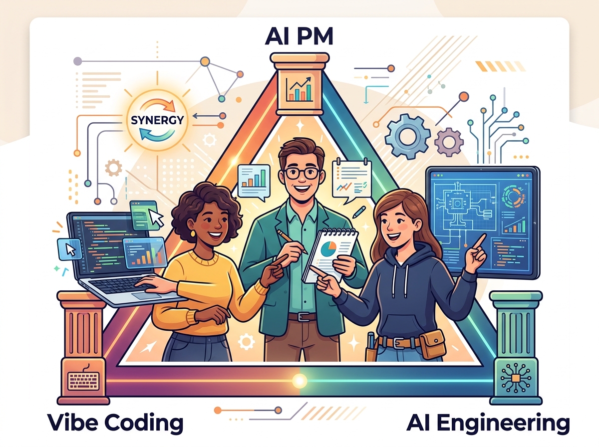 The Synergy Triangle showing three pillars: Vibe Coding (development), AI PM (strategy), and AI Engineering (production) working in concert