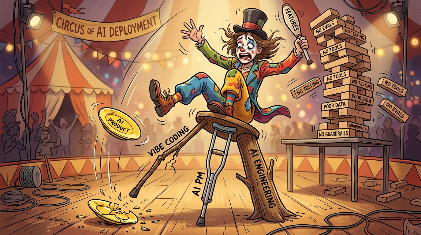 A circus performer balancing on a three-legged stool with legs labeled 'Vibe Coding', 'AI PM', and 'AI Engineering', with a Jenga tower wobbling in the background